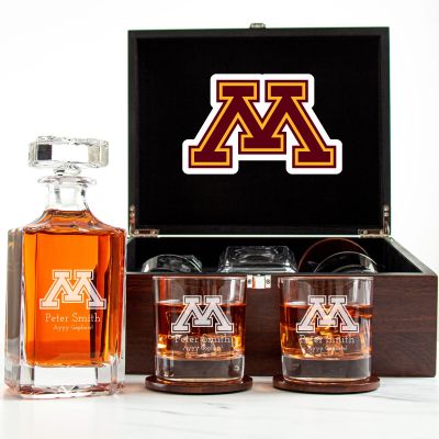 Customized Engraved Dark Brown Wood Box Decanter Set With Rocks Glasses - NCAA Minnesota Golden Gophers