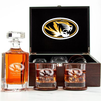 Customized Engraved Dark Brown Wood Box Decanter Set With Rocks Glasses - NCAA Missouri Tigers