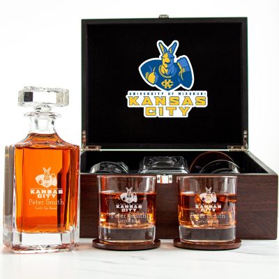Customized Engraved Dark Brown Wood Box Decanter Set With Rocks Glasses - NCAA Kansas City Roos
