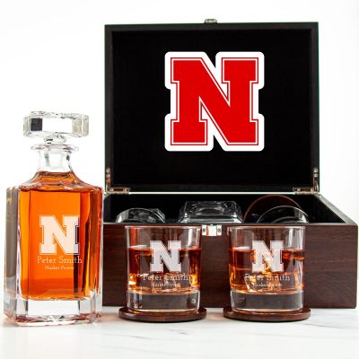 Customized Engraved Dark Brown Wood Box Decanter Set With Rocks Glasses - NCAA Nebraska Cornhuskers