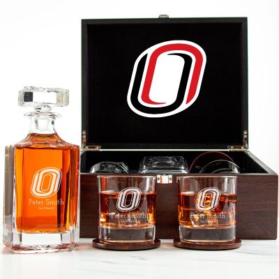 Customized Engraved Dark Brown Wood Box Decanter Set With Rocks Glasses - NCAA Omaha Mavericks