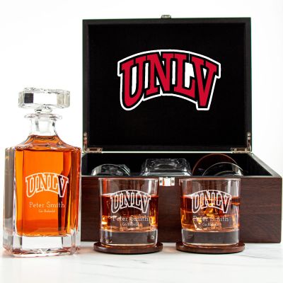 Customized Engraved Dark Brown Wood Box Decanter Set With Rocks Glasses - NCAA UNLV Rebels