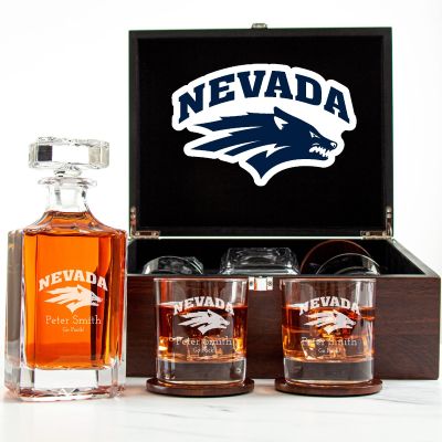 Customized Engraved Dark Brown Wood Box Decanter Set With Rocks Glasses - NCAA Nevada Wolf Pack