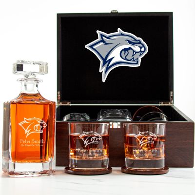 Customized Engraved Dark Brown Wood Box Decanter Set With Rocks Glasses - NCAA New Hampshire Wildcats