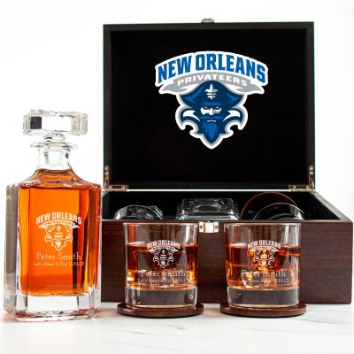 Customized Engraved Dark Brown Wood Box Decanter Set With Rocks Glasses - NCAA New Orleans Privateers