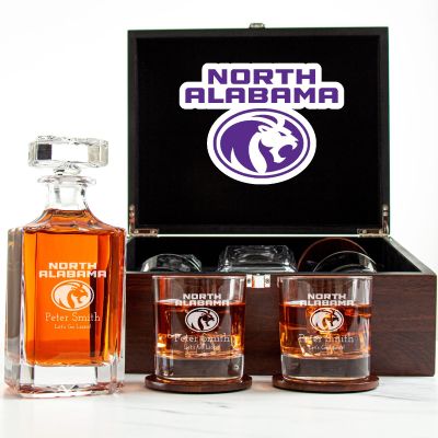 Customized Engraved Dark Brown Wood Box Decanter Set With Rocks Glasses - NCAA North Alabama Lions