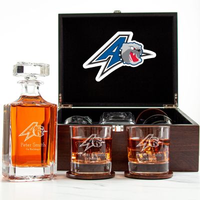 Customized Engraved Dark Brown Wood Box Decanter Set With Rocks Glasses - NCAA UNC Asheville Bulldogs