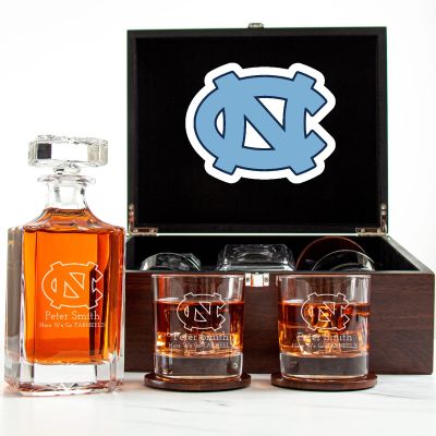Customized Engraved Dark Brown Wood Box Decanter Set With Rocks Glasses - NCAA North Carolina Tar Heels