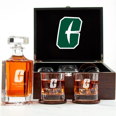 Customized Engraved Dark Brown Wood Box Decanter Set With Rocks Glasses - NCAA Charlotte 49ers