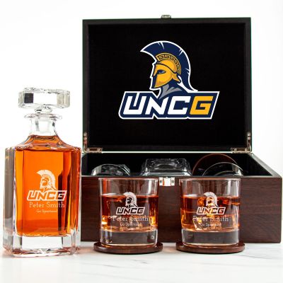 Customized Engraved Dark Brown Wood Box Decanter Set With Rocks Glasses - NCAA UNC Greensboro Spartans