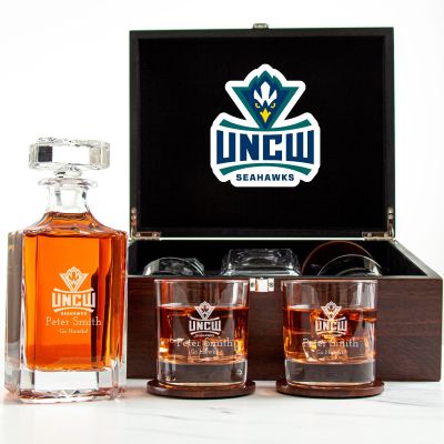 Customized Engraved Dark Brown Wood Box Decanter Set With Rocks Glasses - NCAA UNC Wilmington Seahawks