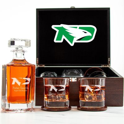 Customized Engraved Dark Brown Wood Box Decanter Set With Rocks Glasses - NCAA North Dakota Fighting Hawks