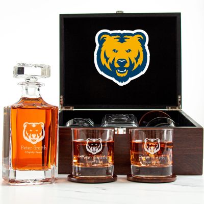 Customized Engraved Dark Brown Wood Box Decanter Set With Rocks Glasses - NCAA Northern Colorado Bears
