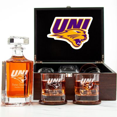 Customized Engraved Dark Brown Wood Box Decanter Set With Rocks Glasses - NCAA Northern Iowa Panthers