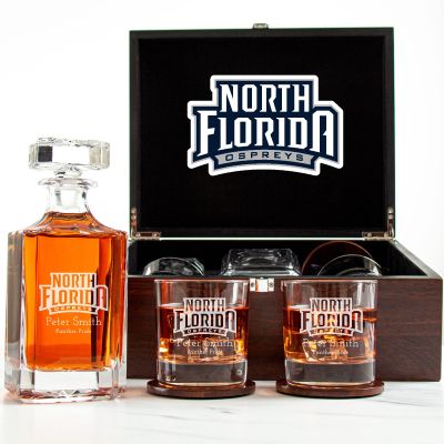 Customized Engraved Dark Brown Wood Box Decanter Set With Rocks Glasses - NCAA North Florida Ospreys