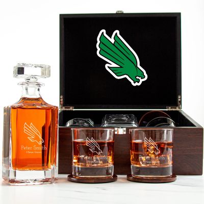 Customized Engraved Dark Brown Wood Box Decanter Set With Rocks Glasses - NCAA North Texas Mean Green