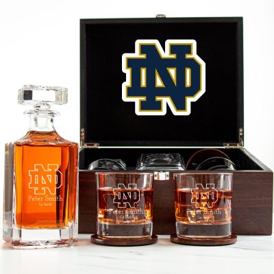 Customized Engraved Dark Brown Wood Box Decanter Set With Rocks Glasses - NCAA Notre Dame Fighting Irish