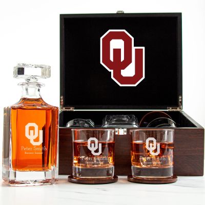 Customized Engraved Dark Brown Wood Box Decanter Set With Rocks Glasses - NCAA Oklahoma Sooners