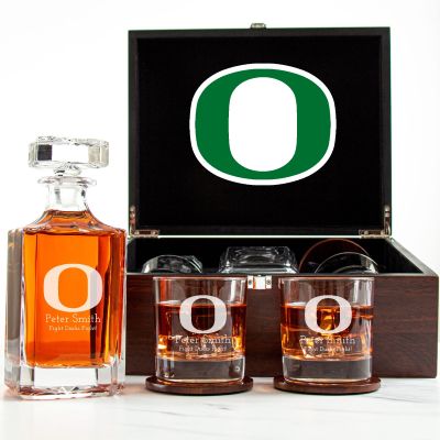 Customized Engraved Dark Brown Wood Box Decanter Set With Rocks Glasses - NCAA Oregon Ducks