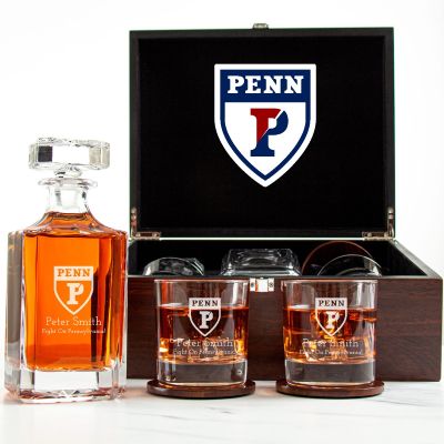 Customized Engraved Dark Brown Wood Box Decanter Set With Rocks Glasses - NCAA Penn Quakers