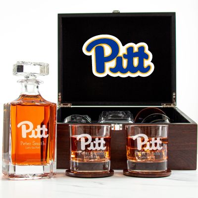 Customized Engraved Dark Brown Wood Box Decanter Set With Rocks Glasses - NCAA Pittsburgh Panthers