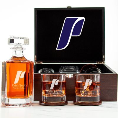 Customized Engraved Dark Brown Wood Box Decanter Set With Rocks Glasses - NCAA Portland Pilots