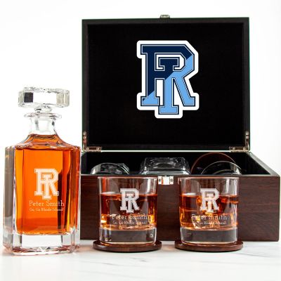 Customized Engraved Dark Brown Wood Box Decanter Set With Rocks Glasses - NCAA Rhode Island Rams