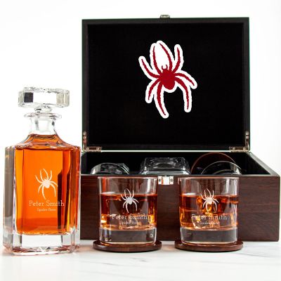 Customized Engraved Dark Brown Wood Box Decanter Set With Rocks Glasses - NCAA Richmond Spiders