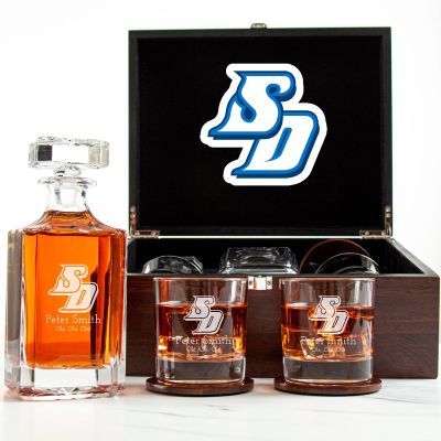 Customized Engraved Dark Brown Wood Box Decanter Set With Rocks Glasses - NCAA San Diego Toreros