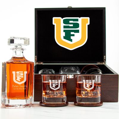 Customized Engraved Dark Brown Wood Box Decanter Set With Rocks Glasses - NCAA San Francisco Dons