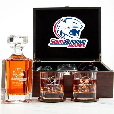 Customized Engraved Dark Brown Wood Box Decanter Set With Rocks Glasses - NCAA South Alabama Jaguars
