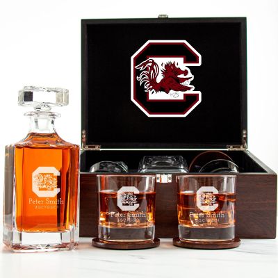 Customized Engraved Dark Brown Wood Box Decanter Set With Rocks Glasses - NCAA South Carolina Gamecocks