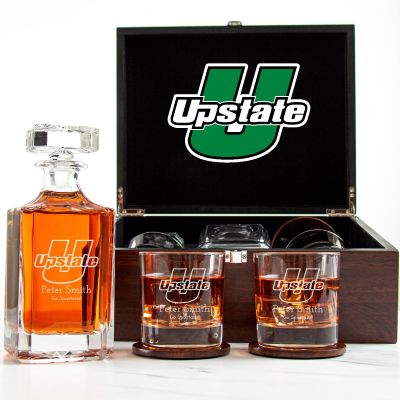 Customized Engraved Dark Brown Wood Box Decanter Set With Rocks Glasses - NCAA USC Upstate Spartans
