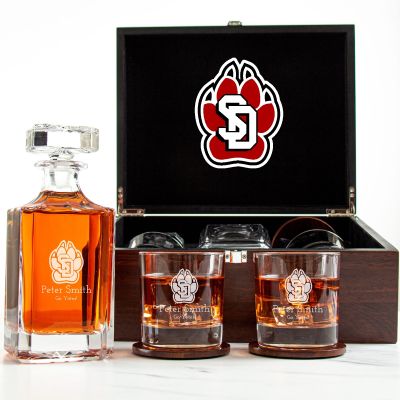 Customized Engraved Dark Brown Wood Box Decanter Set With Rocks Glasses - NCAA South Dakota Coyotes