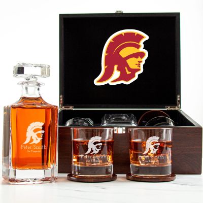 Customized Engraved Dark Brown Wood Box Decanter Set With Rocks Glasses - NCAA USC Trojans