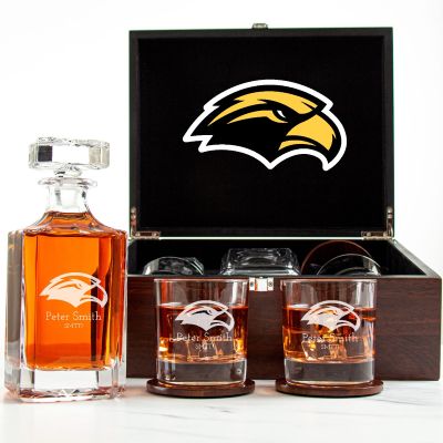 Customized Engraved Dark Brown Wood Box Decanter Set With Rocks Glasses - NCAA Southern Miss Golden Eagles