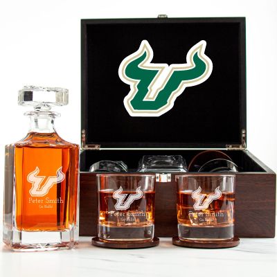 Customized Engraved Dark Brown Wood Box Decanter Set With Rocks Glasses - NCAA South Florida Bulls