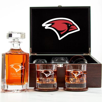 Customized Engraved Dark Brown Wood Box Decanter Set With Rocks Glasses - NCAA Incarnate Word Cardinals