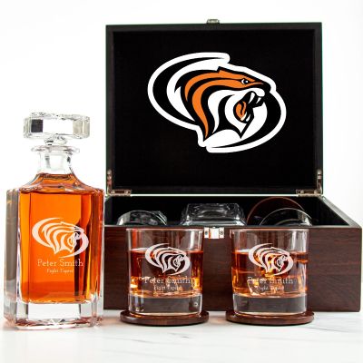 Customized Engraved Dark Brown Wood Box Decanter Set With Rocks Glasses - NCAA Pacific Tigers