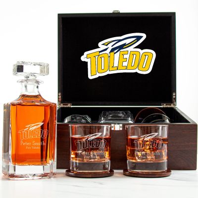 Customized Engraved Dark Brown Wood Box Decanter Set With Rocks Glasses - NCAA Toledo Rockets