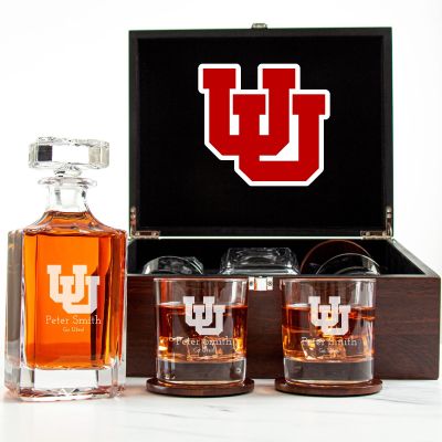 Customized Engraved Dark Brown Wood Box Decanter Set With Rocks Glasses - NCAA Utah Utes
