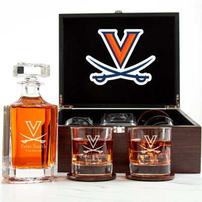 Customized Engraved Dark Brown Wood Box Decanter Set With Rocks Glasses - NCAA Virginia Cavaliers
