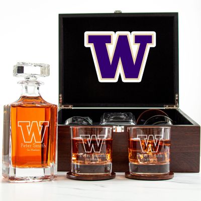 Customized Engraved Dark Brown Wood Box Decanter Set With Rocks Glasses - NCAA Washington Huskies