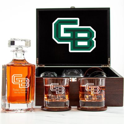 Customized Engraved Dark Brown Wood Box Decanter Set With Rocks Glasses - NCAA Green Bay Phoenix