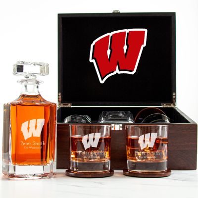 Customized Engraved Dark Brown Wood Box Decanter Set With Rocks Glasses - NCAA Wisconsin Badgers
