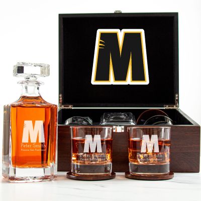 Customized Engraved Dark Brown Wood Box Decanter Set With Rocks Glasses - NCAA Milwaukee Panthers