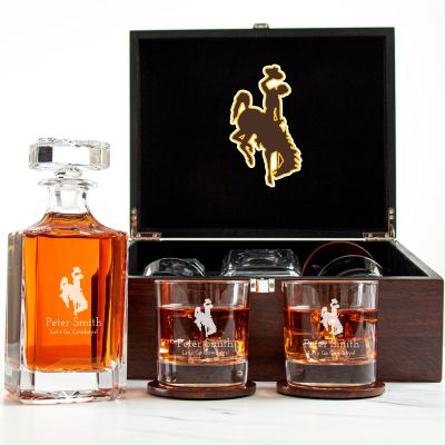 Customized Engraved Dark Brown Wood Box Decanter Set With Rocks Glasses - NCAA Wyoming Cowboys