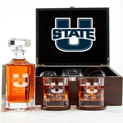 Customized Engraved Dark Brown Wood Box Decanter Set With Rocks Glasses - NCAA Utah State Aggies