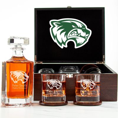 Customized Engraved Dark Brown Wood Box Decanter Set With Rocks Glasses - NCAA Utah Valley Wolverines
