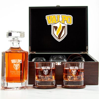 Customized Engraved Dark Brown Wood Box Decanter Set With Rocks Glasses - NCAA Valparaiso Beacons